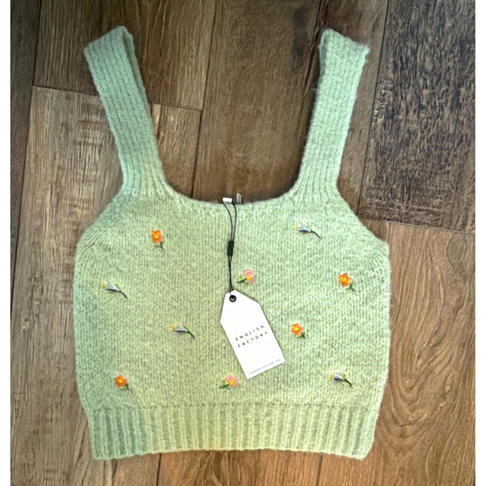 NWT Anthro English Factory Floral Embroidered Knit green Tank Top Womens Small